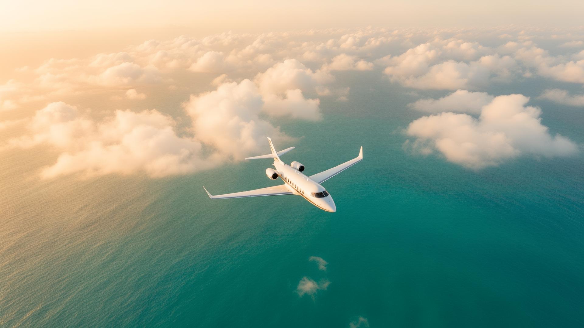 Private jet over ocean