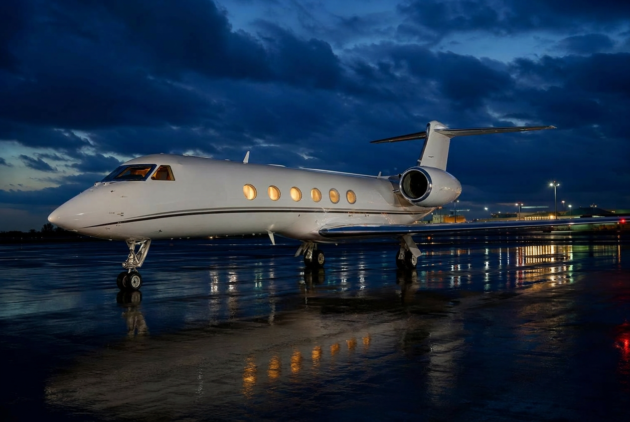 Private jet on tarmac at blue hour